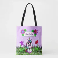 Whimsical Unicorn, Flowers and Butterfly Girl's Tote Bag