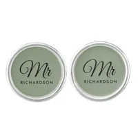 Elegant Sage Green Script Mr. Husband Family Name Cufflinks