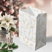 Elegant White Gold Foil Botanical Leaves Pattern Medium Gift Bag