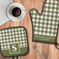 Olive Green Gingham Plaid Checkered Monogrammed Oven Mitt & Pot Holder Set