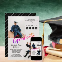 Custom 2 Photo Black Striped Graduate Class 20XX Invitation