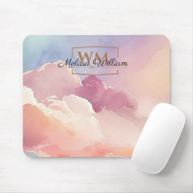 Watercolor Clouds Black Gold Monogram Name Script Mouse Pad