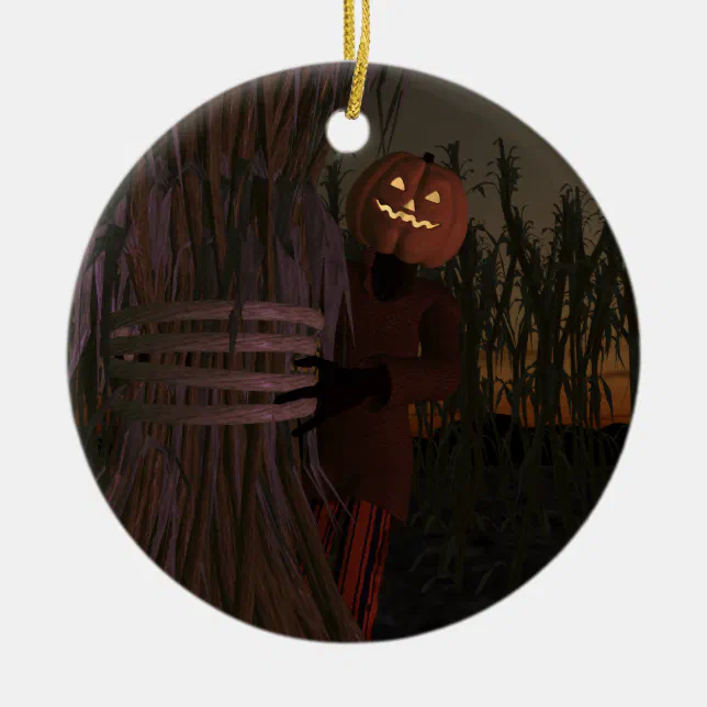 Spooky Pumpkin Head Scarecrow Ceramic Ornament