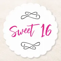 Hot Pink Chic Doodle Modern Script Sweet 16 Paper Coaster