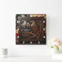 American Eagle Carving With Mountain Background Square Wall Clock