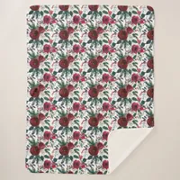 Burgundy Roses, Pine, Holly Christmas Floral Sherpa Blanket