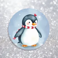 Cute Watercolor Christmas Penguin with Scarf Classic Round Sticker