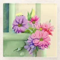 Pink and Purple Flowers on Window Sill Glass Coaster