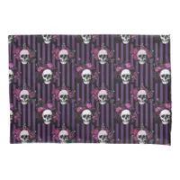 Halloween Purple and Black Floral Striped Skulls Pillow Case