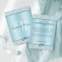 Trendy Blue Glitter Damask Wedding Details Enclosure Card