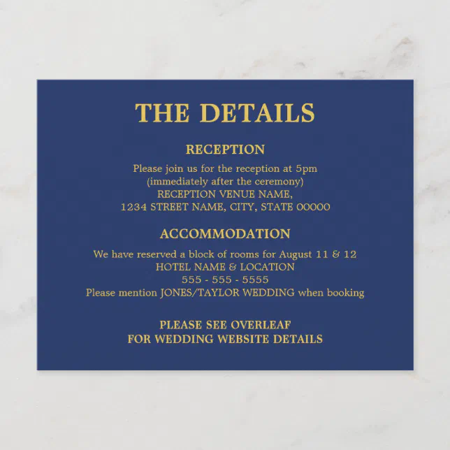 Navy Blue Golden Beige Wedding QR Code Details Enclosure Card