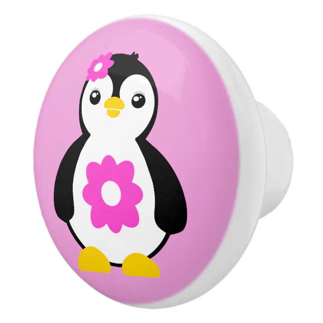 Cute Baby Penguin with Pink Flowers Ceramic Knob