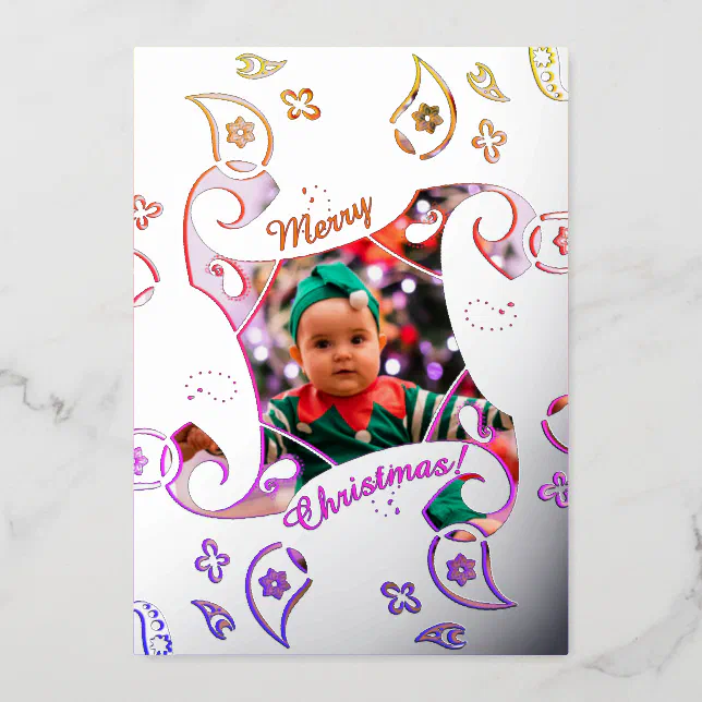 Silver paisle ornaments Christmas card with photo