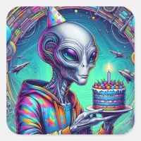 Alien holding Birthday Cake  Square Sticker