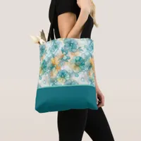 Teal and Yellow Flowers Alcohol Ink Color Block Tote Bag