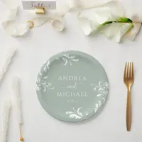 Light Sage Green Wedding Elegant Luxury Flourish Paper Plates