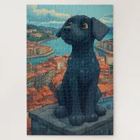 Black Puppy Statue Looking over the City Jigsaw Puzzle