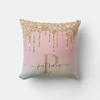 Glam Gold Glitter Drips Elegant Monogram  Throw Pillow