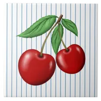 Red Cherries on Blue Stripes Graphic Pattern Ceramic Tile