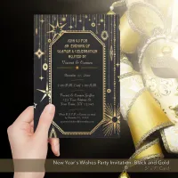 New Year's Wishes Black and Gold Party Invitation