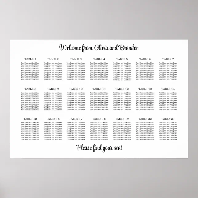 Stylish 21 Table Wedding Seating Chart Poster