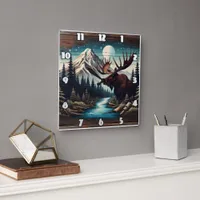 Moose by Mountain Stream Under Full Moon Square Wall Clock