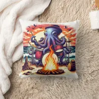 Octopus Playing Drums at Sunset Beach Campfire Throw Pillow