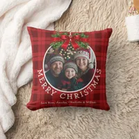 Christmas Ball Ornament Photo Red Buffalo Plaid Throw Pillow