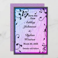 Music Butterfly Leaves Blue & Purple Wood Wedding Save The Date