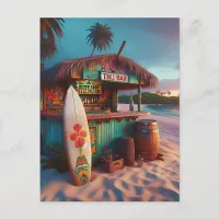 Colorful Tiki Bar and Surfboard on the Beach Postcard
