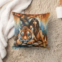 Native Woman With Tiger by Water Throw Pillow