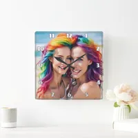 Colorful Duo With Vibrant Hair at the Beach Square Wall Clock