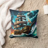 Pirate Ship Sailing Through Stormy Seas at Dusk Throw Pillow