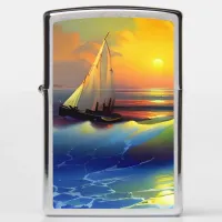 Ocean Waves, Sailboat and Sunset Reflection Zippo Lighter