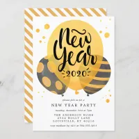 Black And Gold Watercolor Balloons New Year Party Invitation