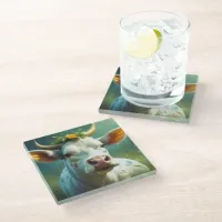 Cute White Ai Cow with Horns and Flowers Glass Coaster