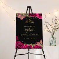 Pink Roses Black Gold Quincea&#241;era Welcome Sign