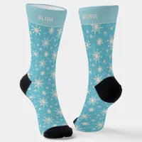 Winter Snowflake Christmas Holiday Blue White Name Socks