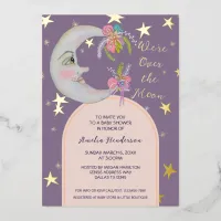 Over the Moon Stars Floral Lavender Baby Shower Foil Invitation