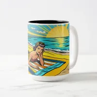 Pretty Pinup Girl on the Beach Two-Tone Coffee Mug