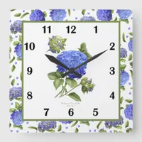 Blue Hydrangea Botanical Art Square Wall Clock