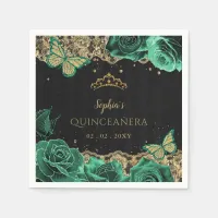 Vintage Green Roses Black Gold Lace Quincea&#241;era Napkins