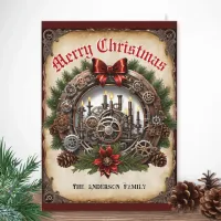 Steampunk Wreath Candles Red Ribbon Cogs Christmas Holiday Card