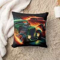 Dynamic hot rod duel on a neon-lit street throw pillow