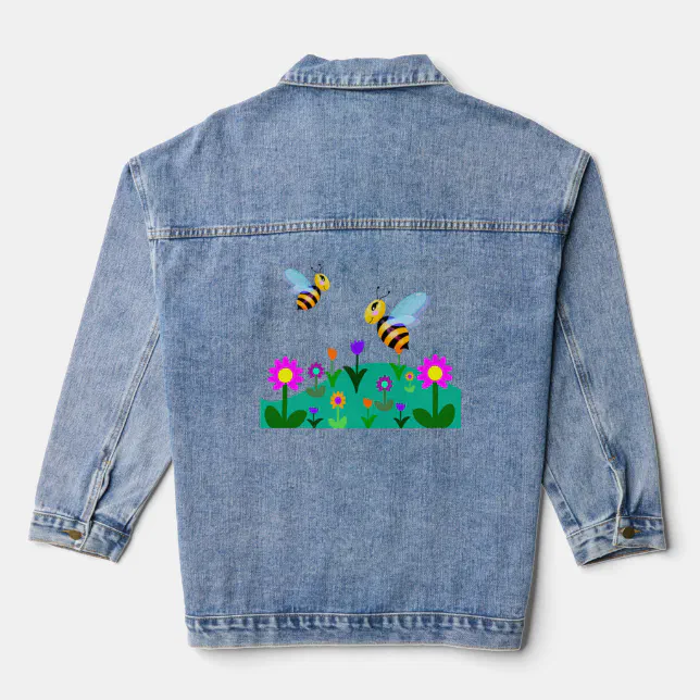 Happy bees in a flower field denim jacket