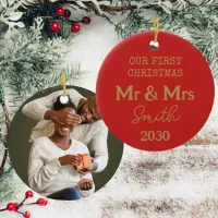 Our First Christmas Photo Mr And Mrs Red And Gold Ceramic Ornament