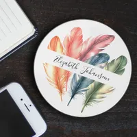 Colorful Watercolor Feathers Black Script Name Wireless Charger