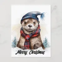 Adorable Christmas Otter Blue Hat Red Scarf Postcard