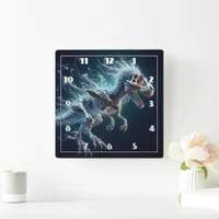 Translucent Dinosaur Skeleton Glowing in Darkness Square Wall Clock