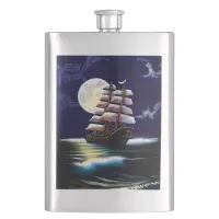 Illuminated Ship on the Ocean under the Moon Flask